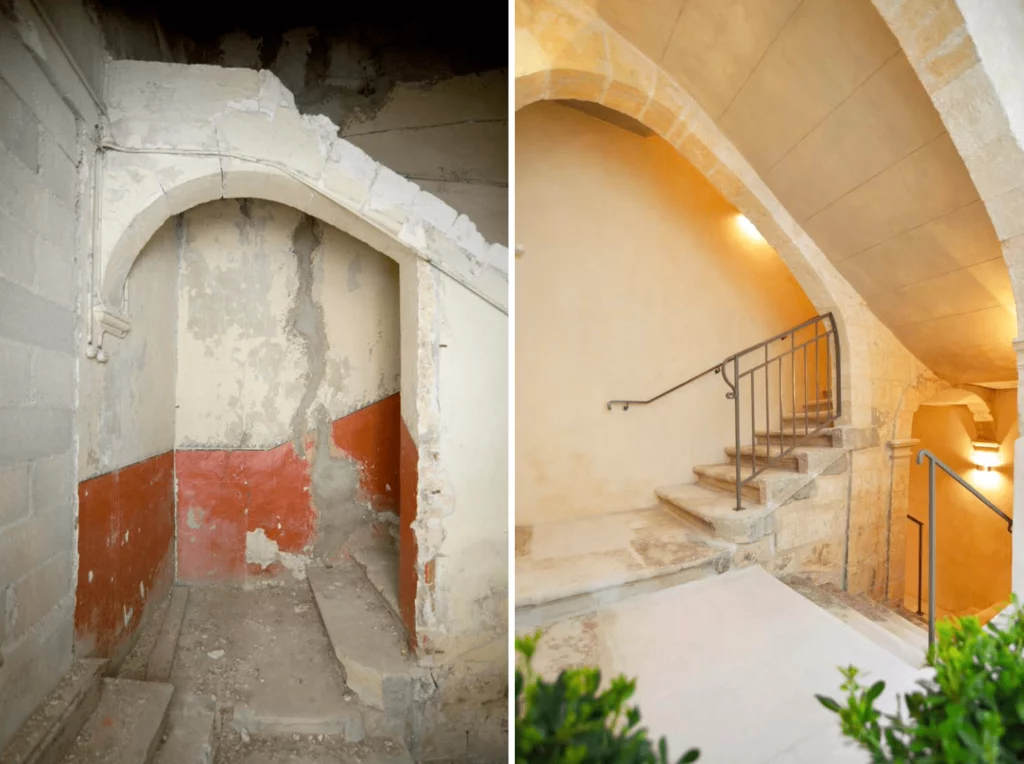 Avant et après la rénovation d’un escalier ancien dans les parties communes d’un immeuble éligible au déficit foncier