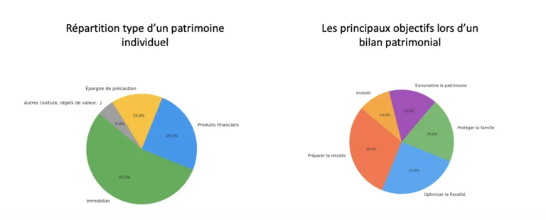 Graphiques illustrant la répartition type d’un patrimoine individuel et les objectifs les plus fréquemment rencontrés lors d’un bilan patrimonial.