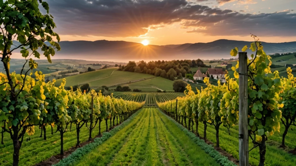 Photographie de vignes en Bourgogne avec en arrière-plan un domaine viticole entouré de collines, illustrant le cadre prestigieux des investissements viticoles.
