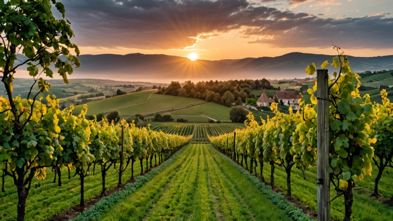 Photographie de vignes en Bourgogne avec en arrière-plan un domaine viticole entouré de collines, illustrant le cadre prestigieux des investissements viticoles.