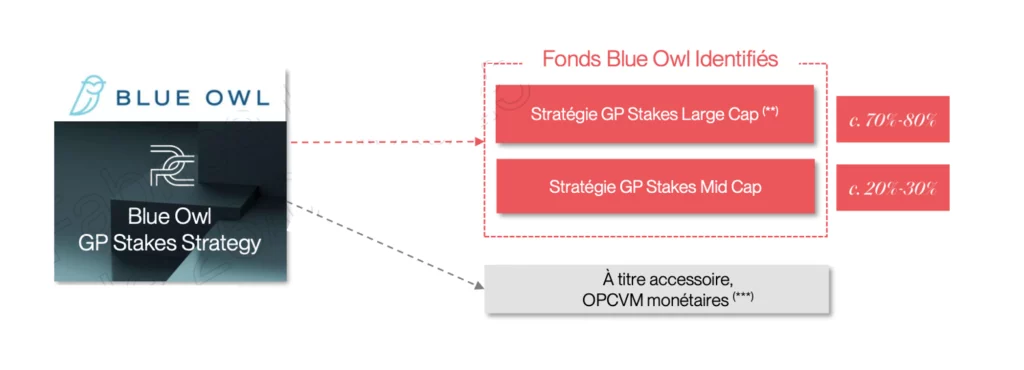 Schéma explicatif du fonctionnement du fonds Blue Owl GP Stakes Strategy entre les participations large caps et mid caps