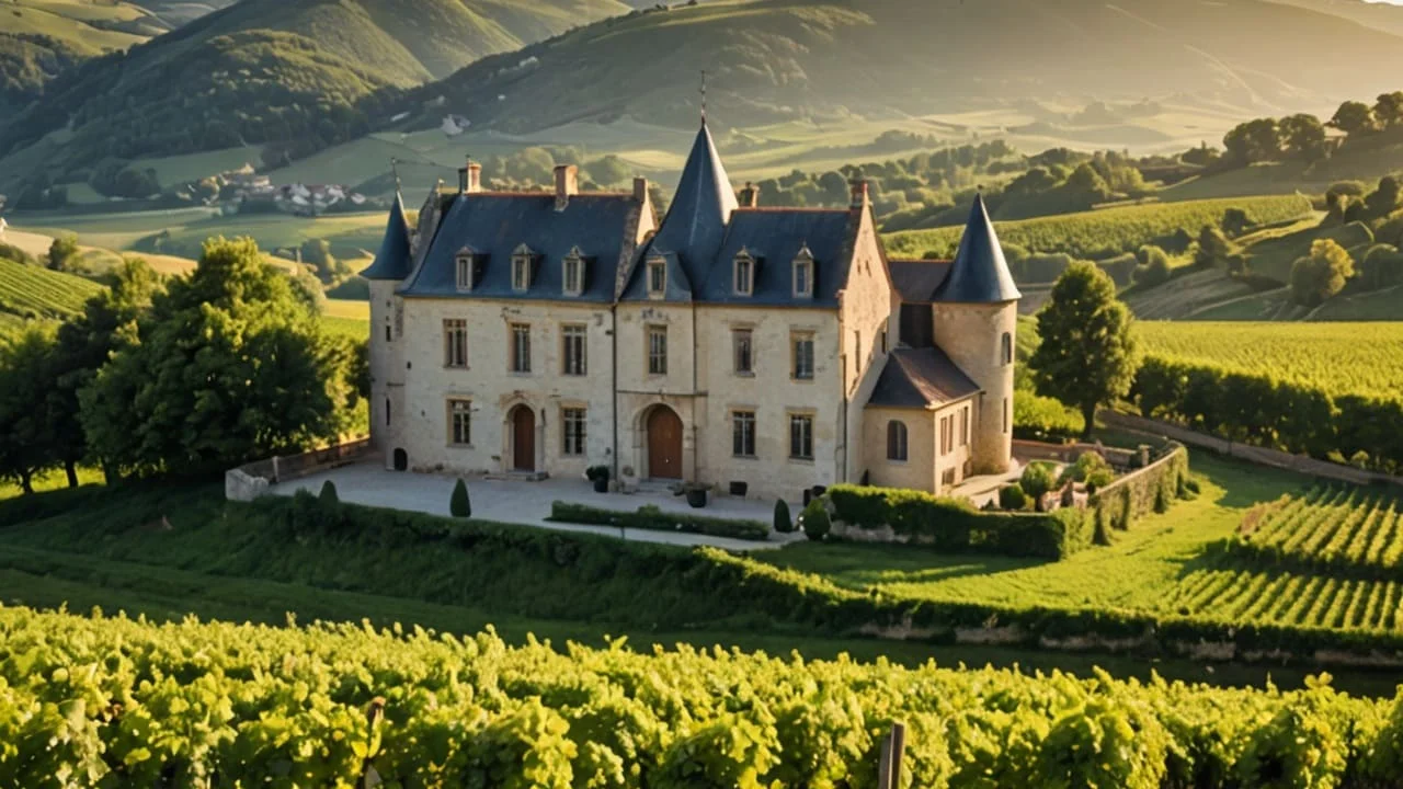 Château classé monument historique entouré de vignes et de collines